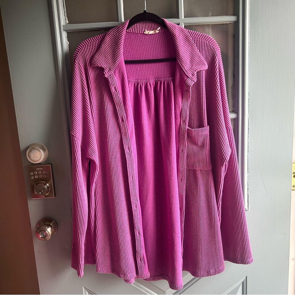 Ribbed Collared Lightweight Shacket Button Up Bri… - image 2